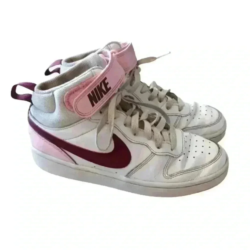 Nike Youth Court Borough Mid 2 White, Pink, and Burgundy Sneaker 4.5 Y